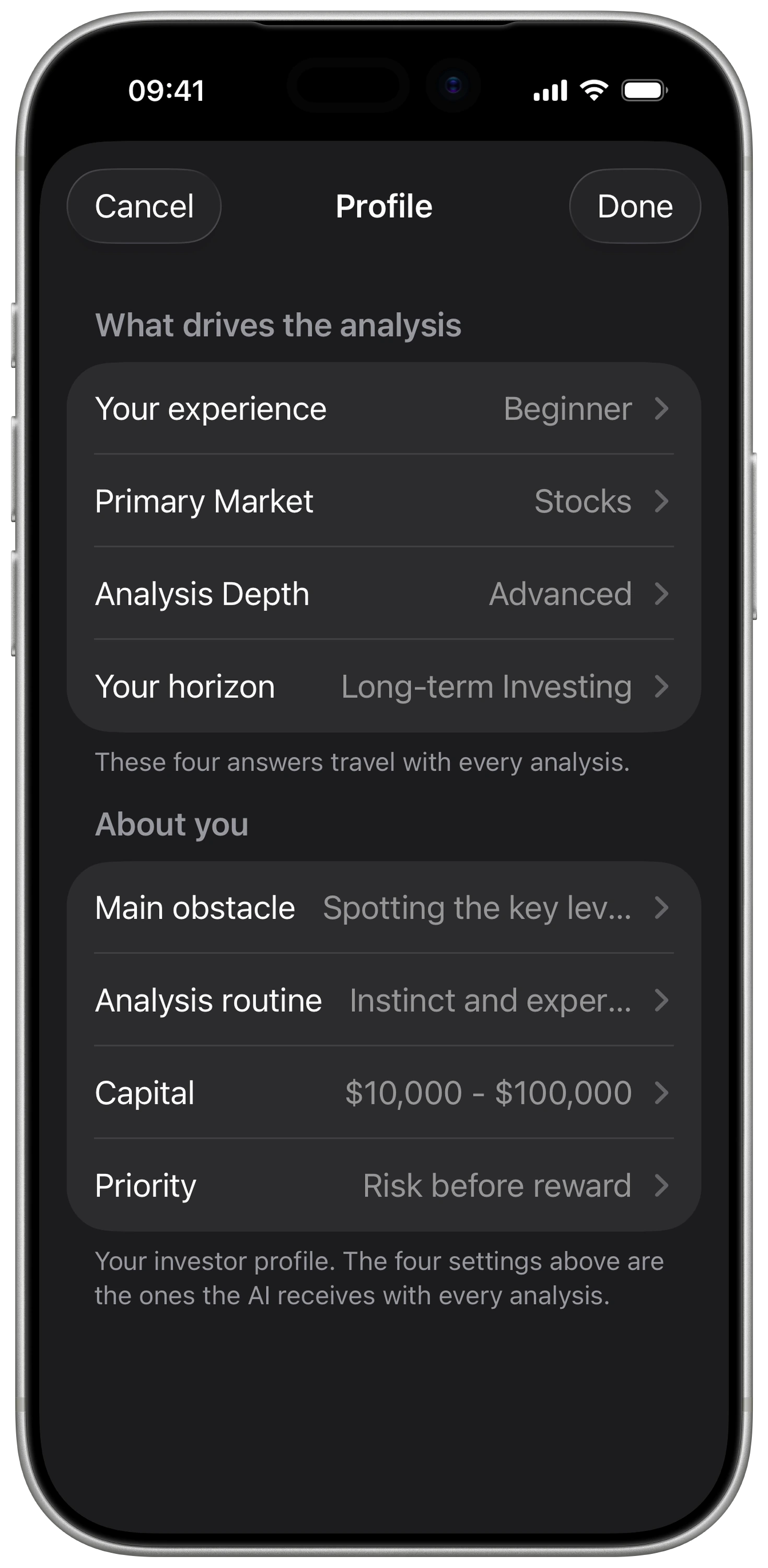 The investor profile that drives every AI chart analysis, on iPhone
