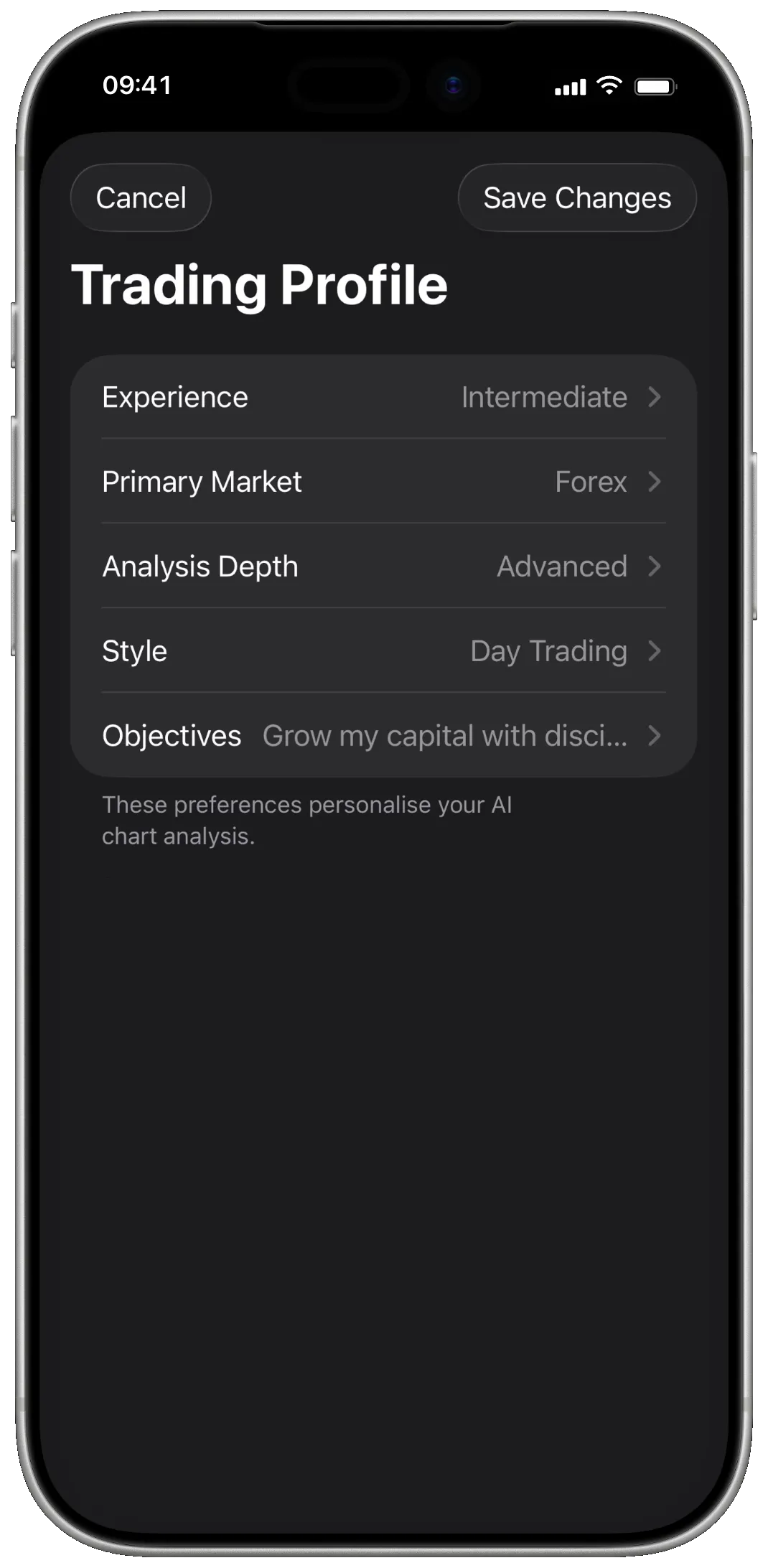 Trading AI trading profile on iPhone